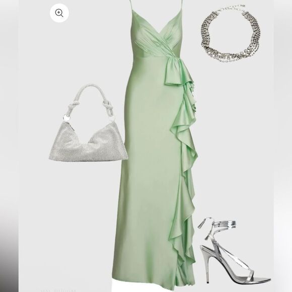 Mac Duggal Light Green Satin Ruffled Asymmetrical Gown slip dress maxi NWT 4 - Picture 2 of 14